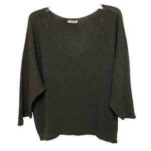 Three Hearts Womens Medium Green Pullover Silver Metallic Thread Knit Sweater